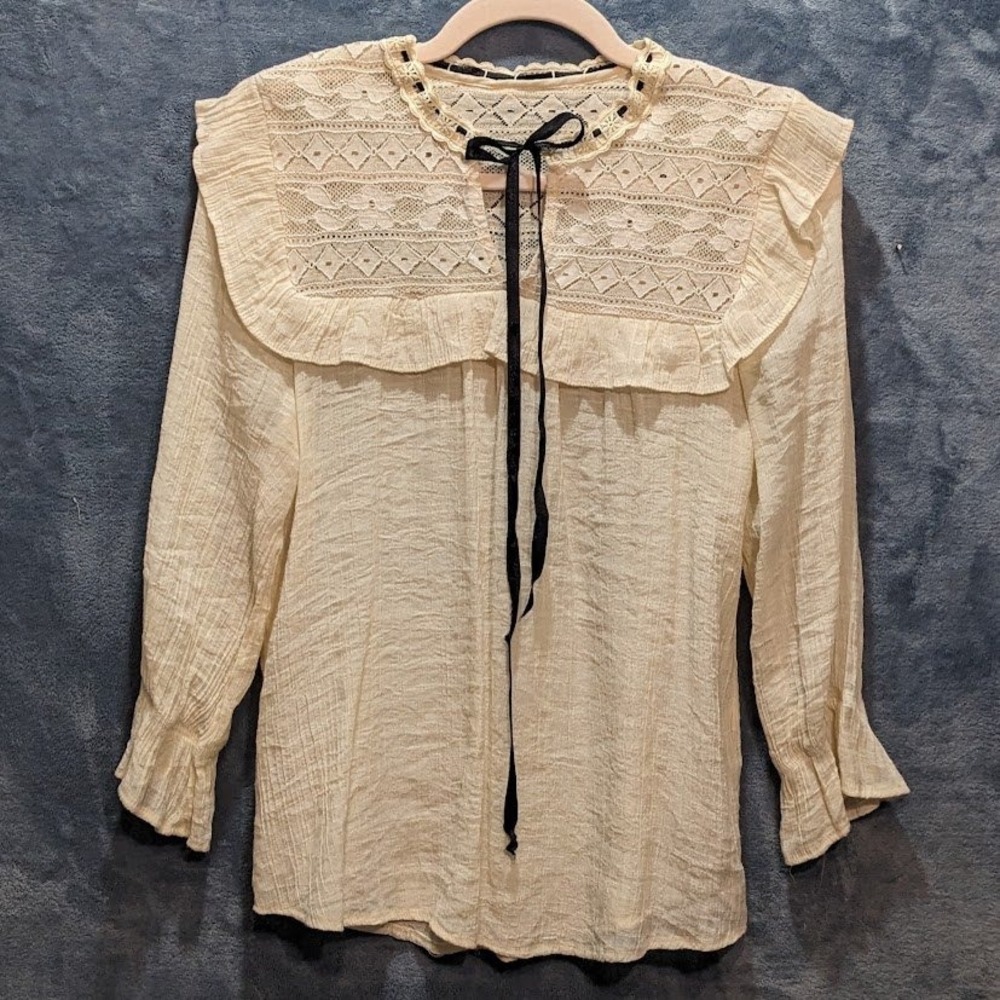 Cottagecore Lace Bib Blouse Cream Crinkle Gauze Ruffle Collar Ribbon Tie Boho